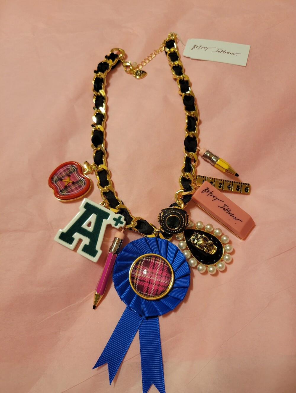 Betsey Johnson Blue Ribbon Rosette Necklace with Multicolor Charms